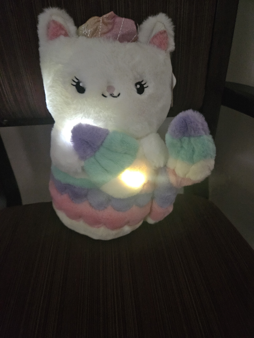 FAO Schwarz White Cat Plush with Pastel Rainbow Accents